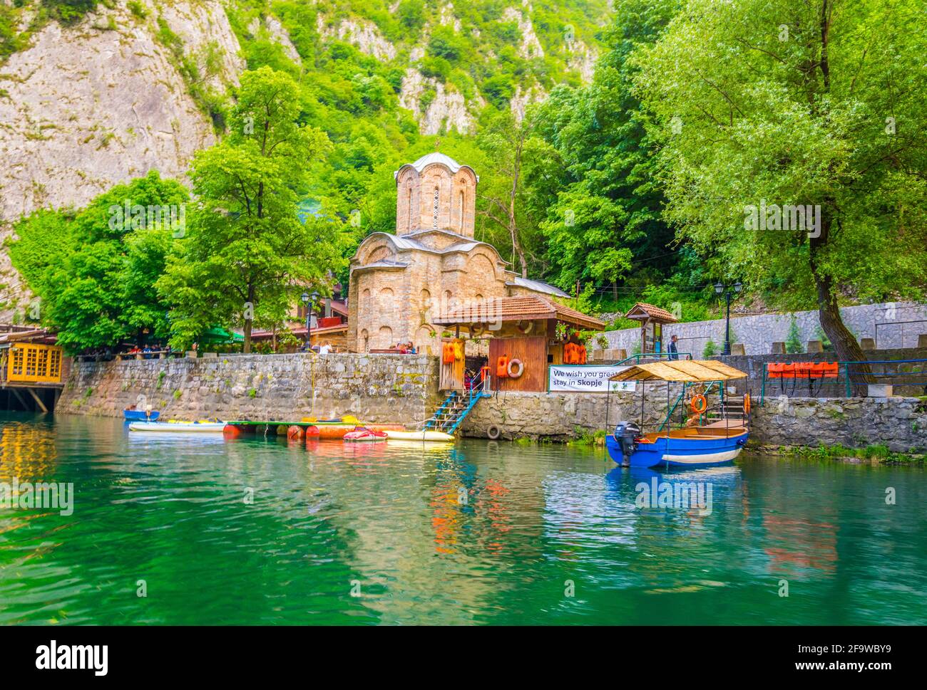 Matka Monastery SKOPJE, MACEDONIA, MAY 14, 2016: Restaurant and saint andrea monastery ...
