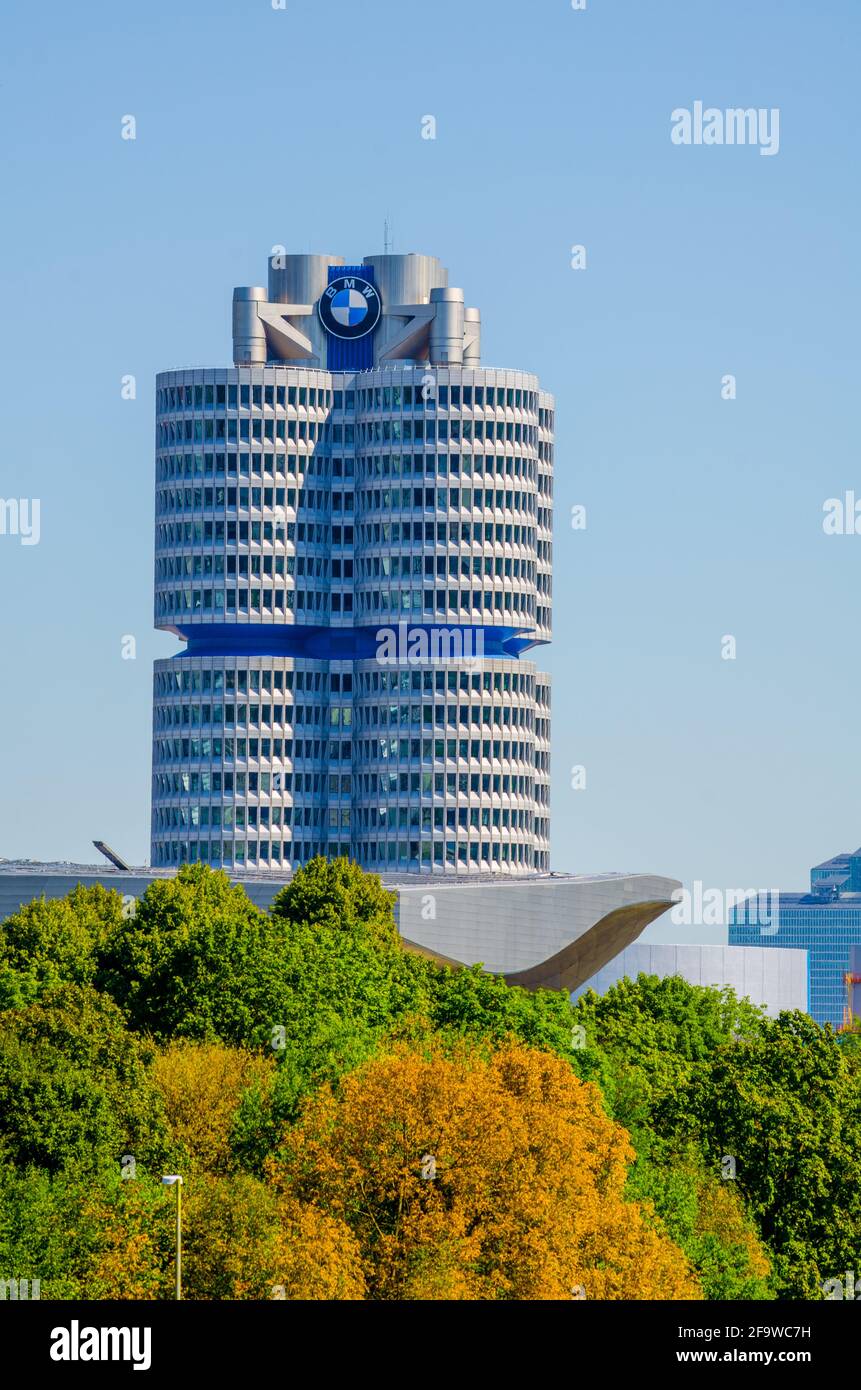 MUNICH, GERMANY, AUGUST 20, 2015: Headquarter of BMW in Munich, Germany. Located in the Olympiapark area of Munich is a landmark. This four cilinder b Stock Photo