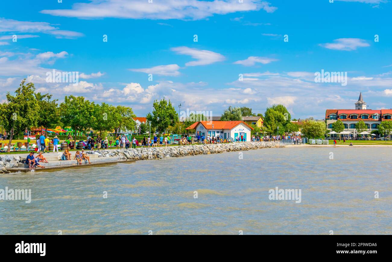 PODERSDORF AM SEE, AUSTRIA, JULY 9, 2016: view of lakeside promenade of the austrian town podersdorf am see situated on shore of neusiedlersee in Aust Stock Photo