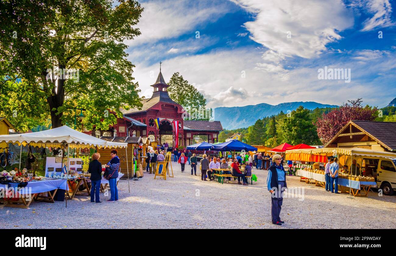 PAYERBACH, AUSTRIA, OCTOBER 3, 2015: People are buying various articles during Saturday market in austrian town payerbach Stock Photo