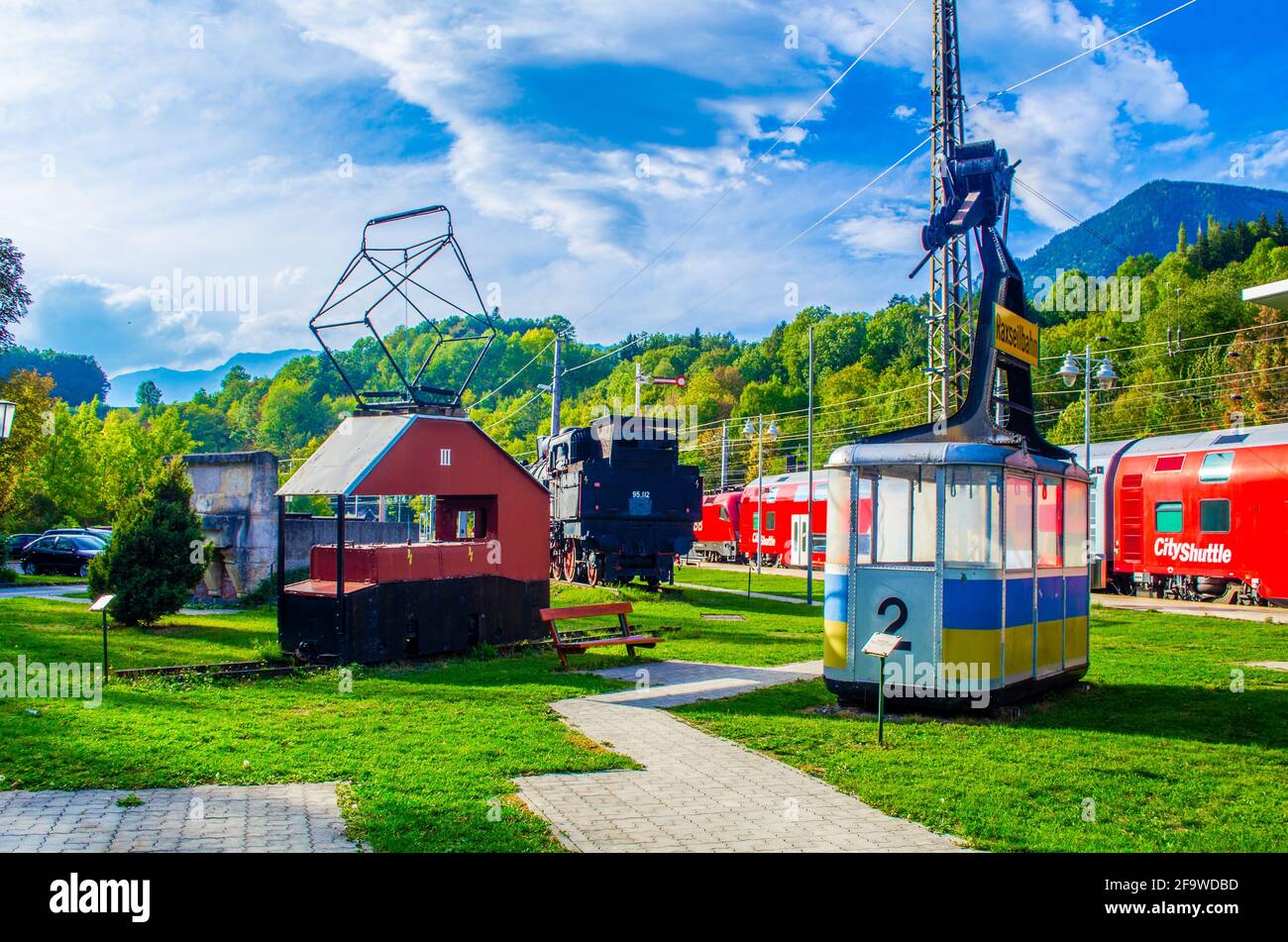 PAYERBACH, AUSTRIA, OCTOBER 3, 2015: View of old cable car vagons situated in the main train station in austrian city Payerbach. Semmeringbahn is on o Stock Photo
