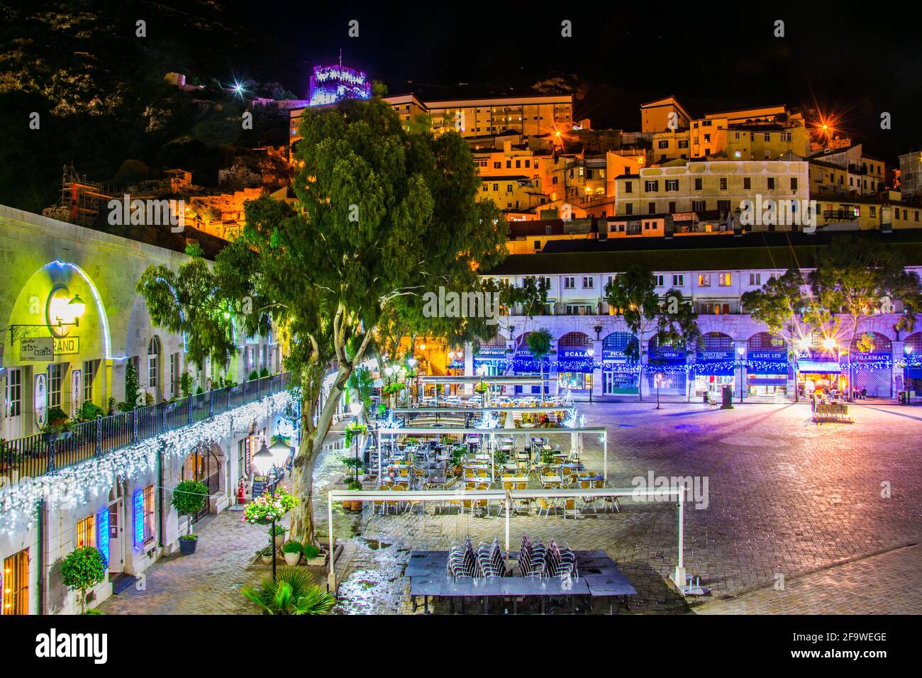 GIBRALTAR, GIBRALTAR, JANUARY 5, 2016: night view of the illuminated grand casemates square and the moorish castle in gibraltar. Stock Photo