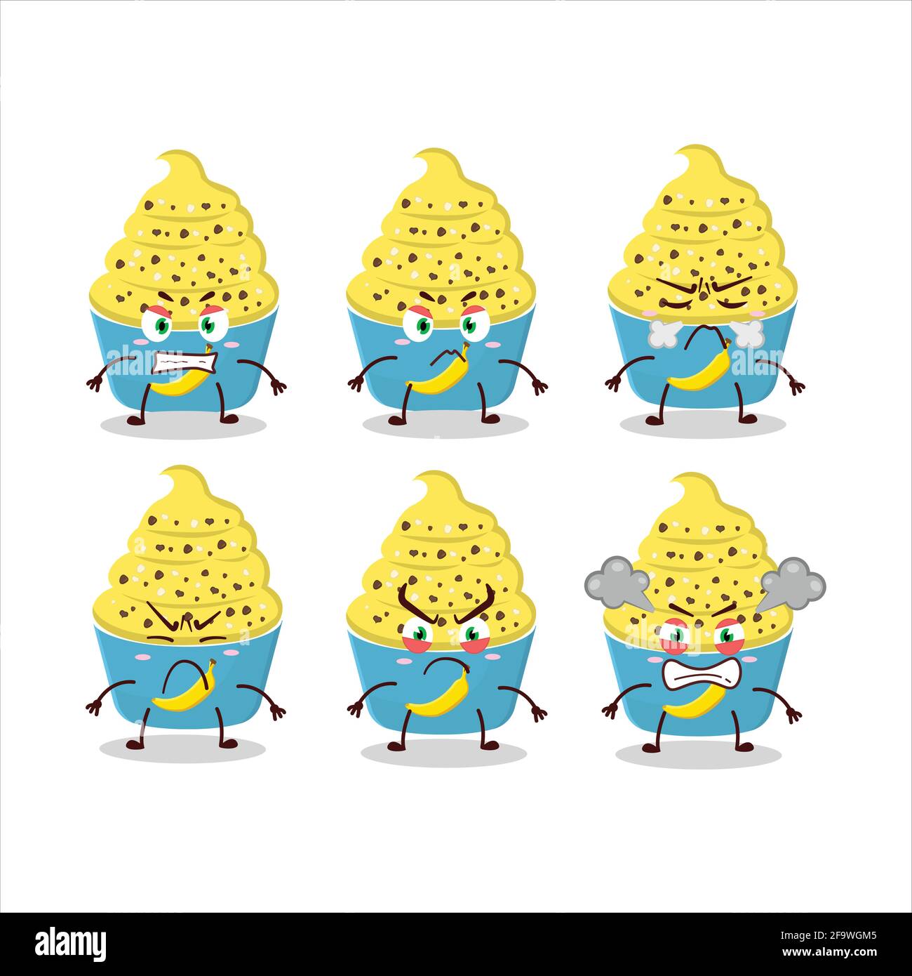 Ice cream banana cup cartoon character with various angry expressions