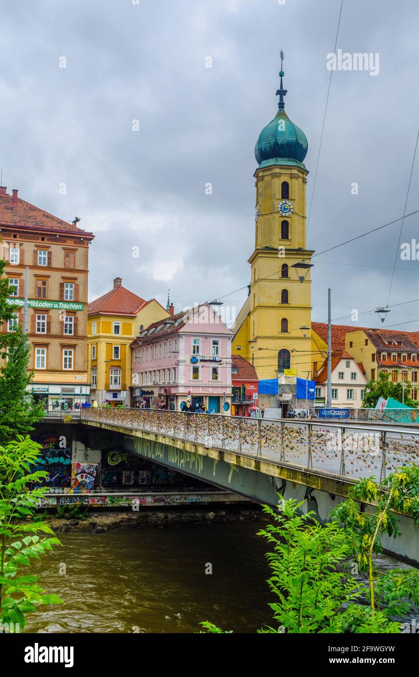 GRAZ, AUSTRIA - JANUARY 7, 2015: View of a bridge leading to the Franciscan church in Graz in Austria Stock Photo