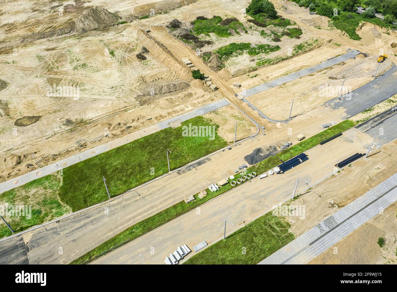 new road under construction. construction site during earthworks progress. aerial view Stock Photo