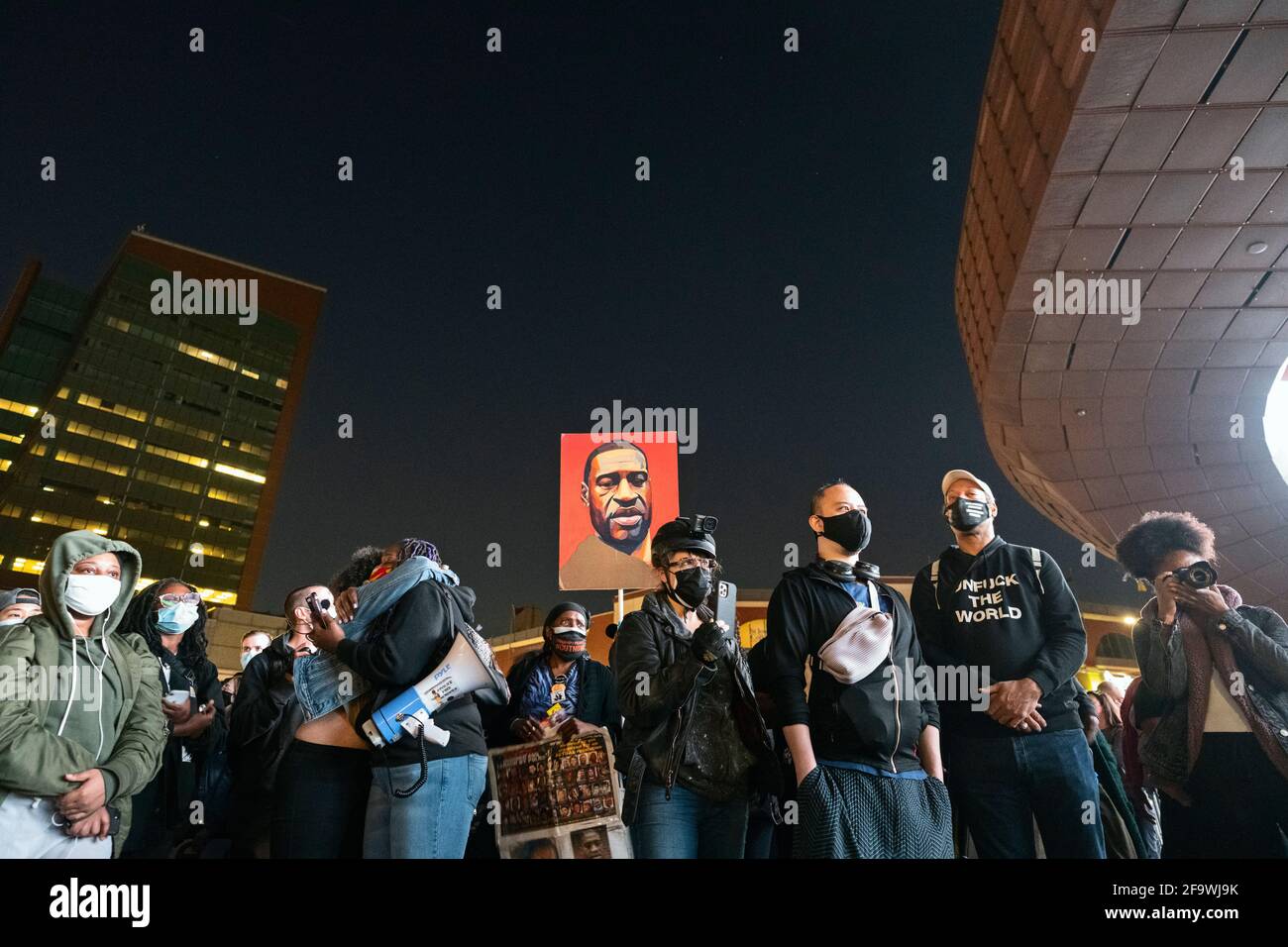Brooklyn, New York, USA 20 Apr 2021. Protesters gather at Barclays Center hours after a jury found former Minneapolis police officer Derek Chauvin guilty of murdering George Floyd in 2020. Stock Photo