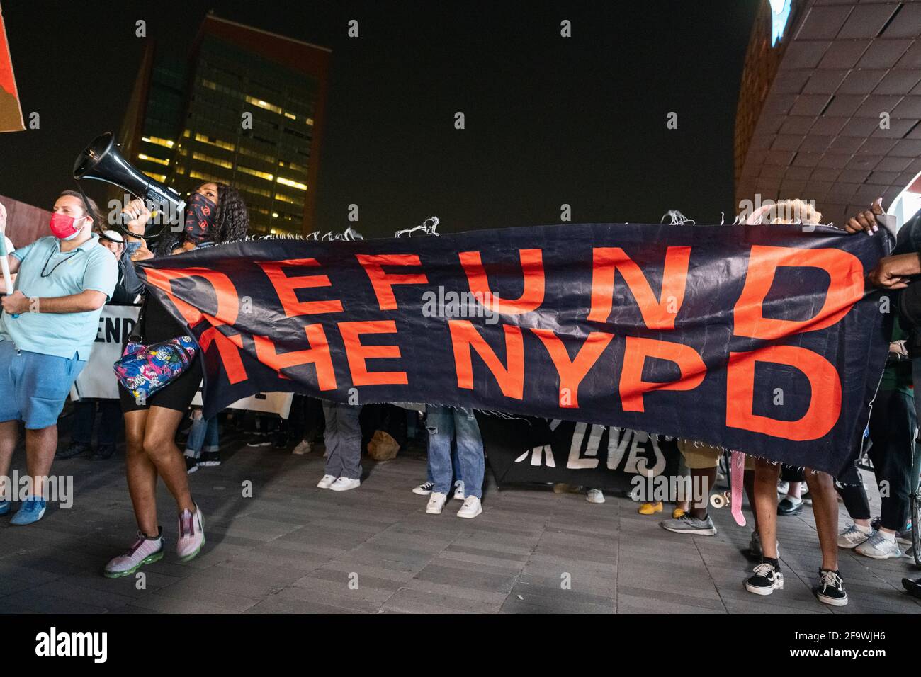 Brooklyn, New York, USA 20 Apr 2021. Protesters prepare to march through streets of Brooklyn after rally at Barclays Center hours after a jury found former Minneapolis police officer Derek Chauvin guilty of murdering George Floyd in 2020. Stock Photo
