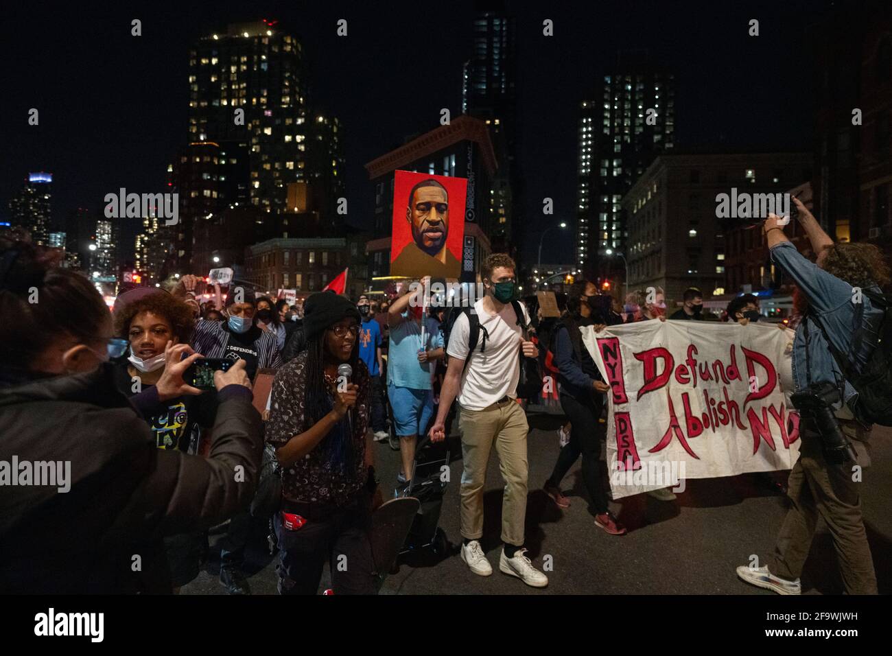 Brooklyn, New York, USA 20 Apr 2021. Protesters march through Brooklyn streets hours after a jury found former Minneapolis police officer Derek Chauvin guilty of murdering George Floyd in 2020. Stock Photo