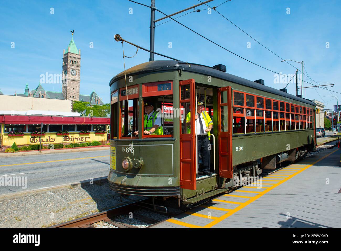 New Orleans Streetcar #966 at National Streetcar Museum on Dutton Street in Downtown Lowell, Massachusetts, MA, USA. Stock Photo