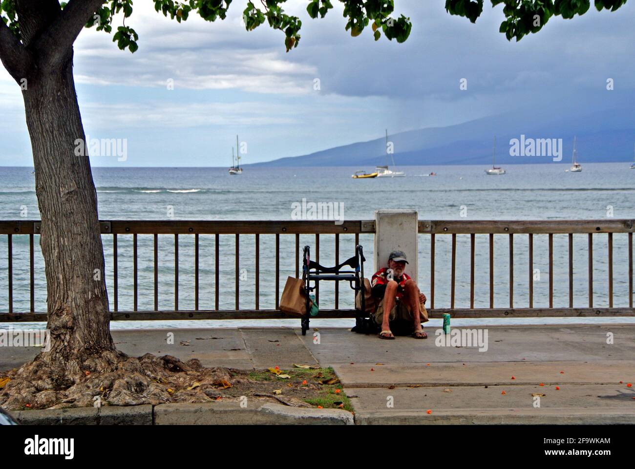 Panhandler waits for tourists early in the foggy morning in the small town of Lahaina Maui Hawaii usa Stock Photo