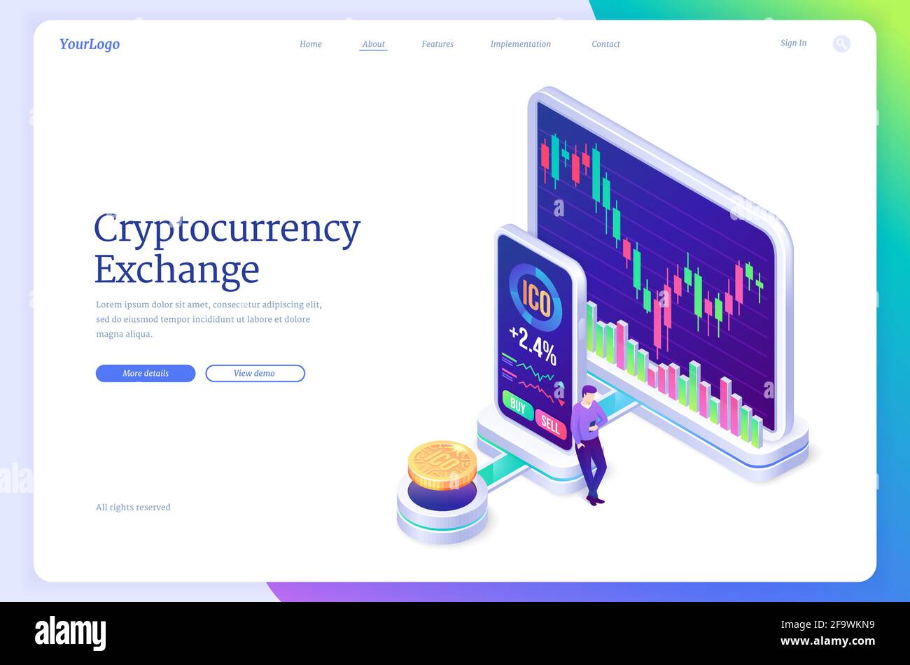 Cryptocurrency exchange market isometric landing page. digital money  mining, man at huge computer and smartphone screen with trading chart.  Blockchain technology business solution 3d vector web banner Stock Vector  Image & Art -