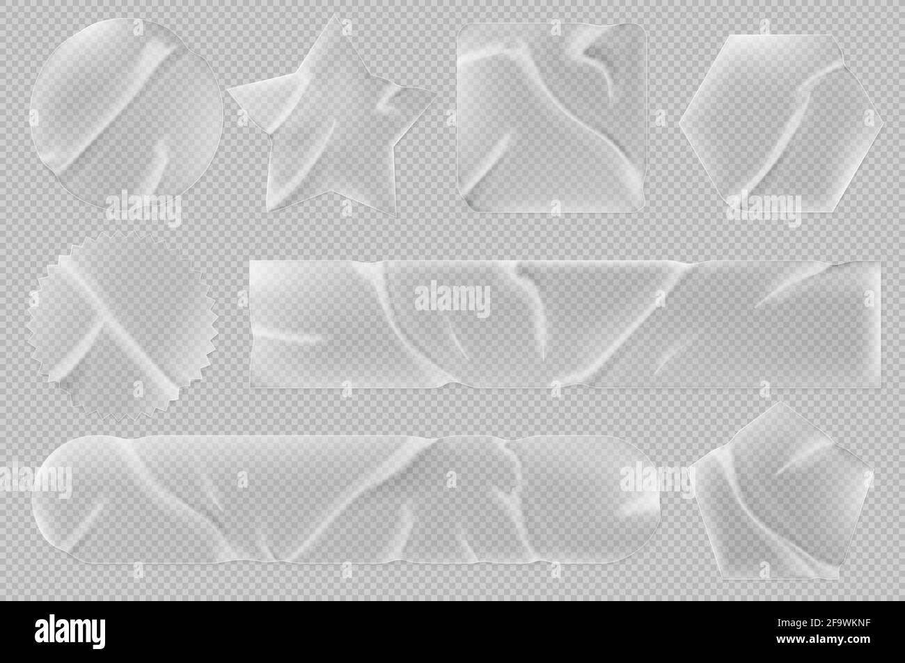 Transparent stickers or patches mockup. Plastic or pvc shrunken labels ...