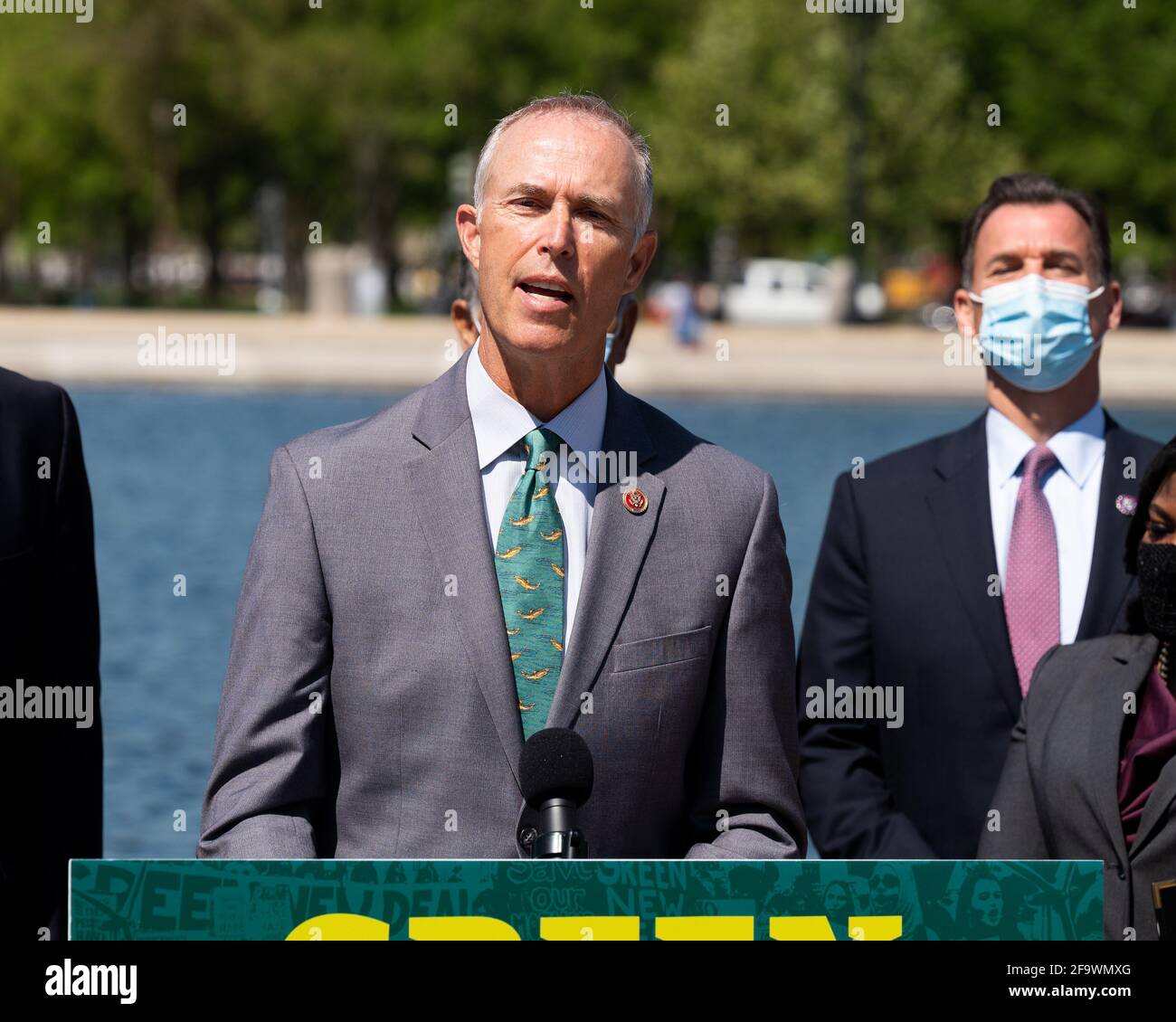 Washington, United States. 20th Apr, 2021. U.S. Representative Jared Huffman (D-CA) speaks at a press conference about the Green New Deal related legislation. Credit: SOPA Images Limited/Alamy Live News Stock Photo
