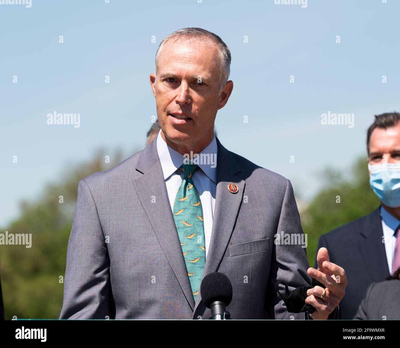 Washington, United States. 20th Apr, 2021. U.S. Representative Jared Huffman (D-CA) speaks at a press conference about the Green New Deal related legislation. Credit: SOPA Images Limited/Alamy Live News Stock Photo