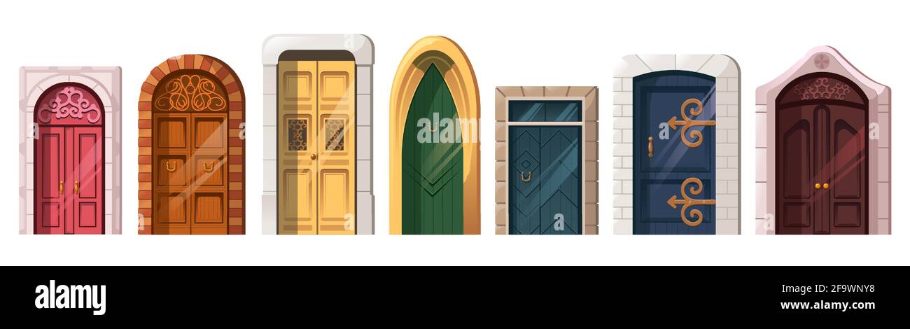 Old medieval doors in stone arch for building facade. Vector cartoon set of entrance in vintage house, castle, gothic church or temple. Colored wooden doors isolated on white background Stock Vector