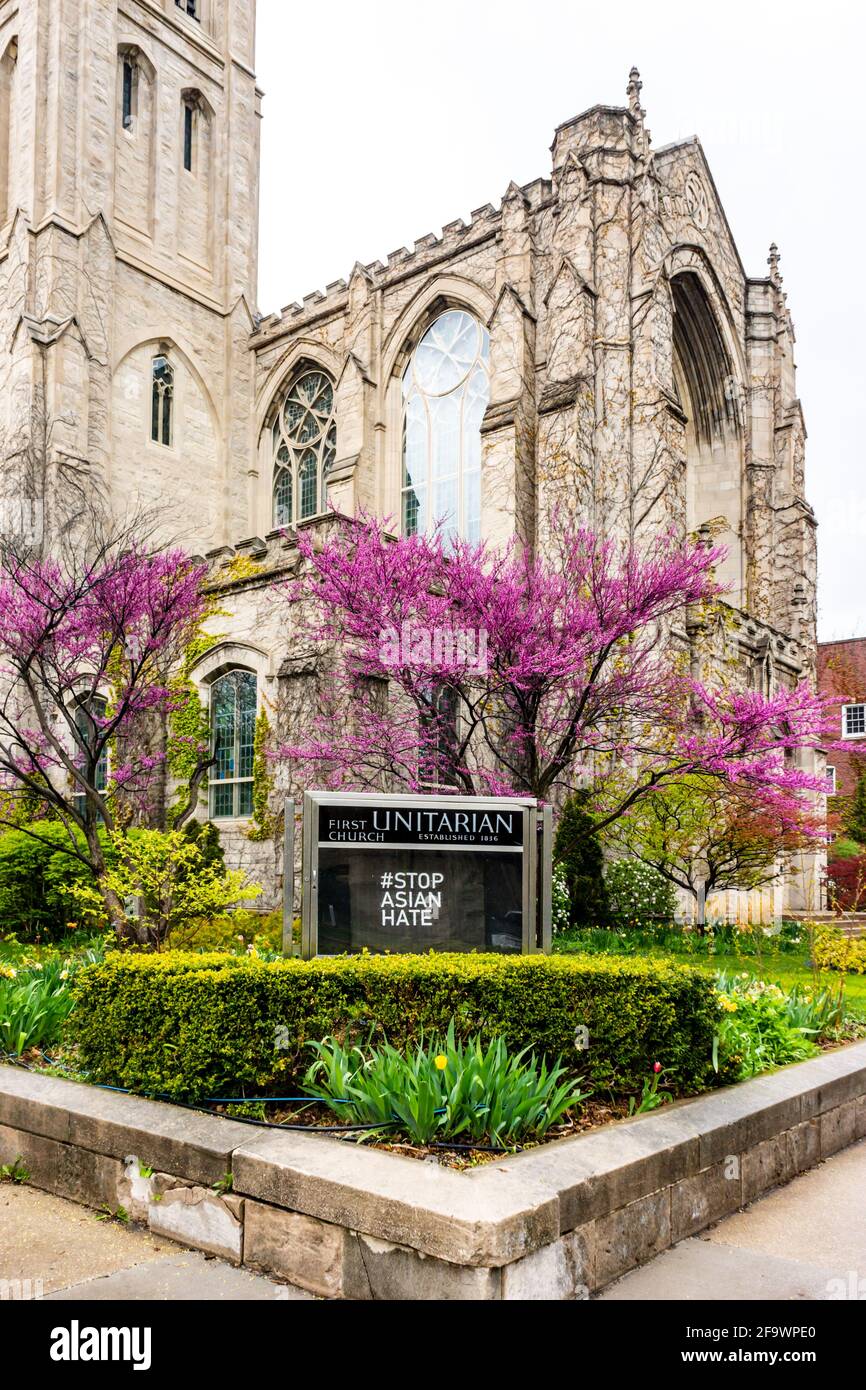 Unitarian church in Chicago with outside announcement board that reads  #StopAsianHate. Stock Photo