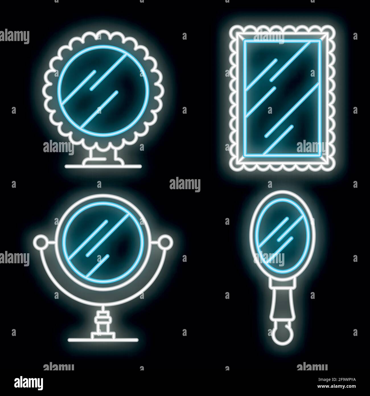 Mirror icons set. Outline set of mirror vector icons neon color on ...