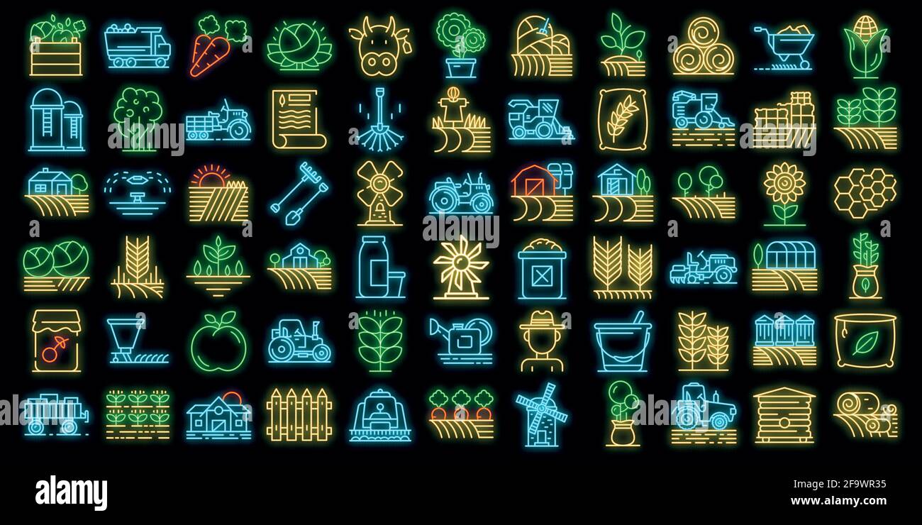Farmer icons set. Outline set of farmer vector icons neon color on ...