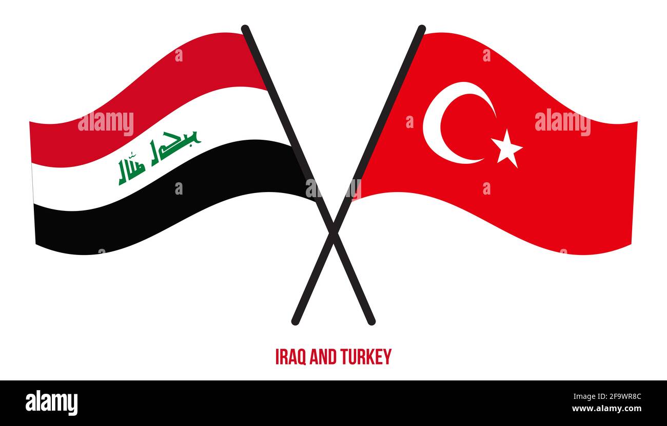 Iraq and Turkey Flags Crossed And Waving Flat Style. Official Proportion. Correct Colors. Stock Photo