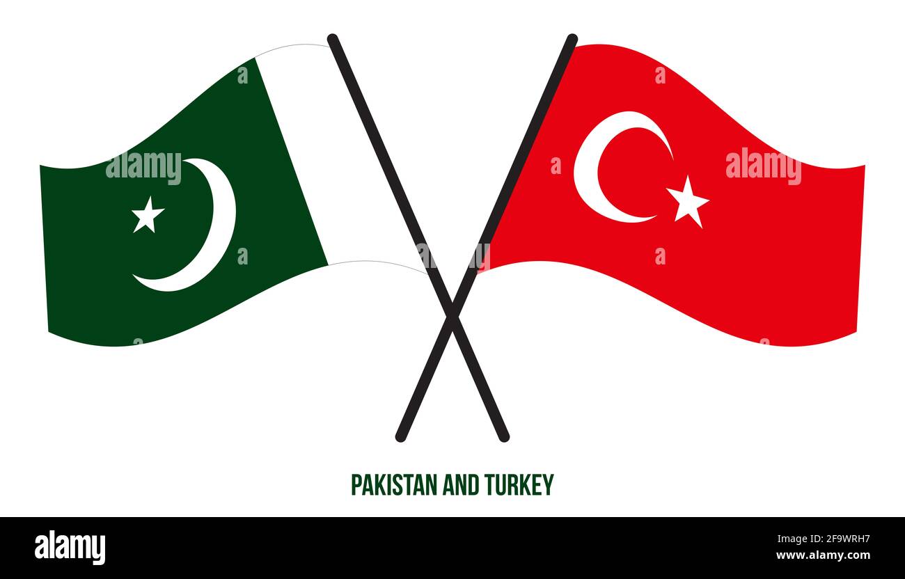 Pakistan and Turkey Flags Crossed And Waving Flat Style. Official