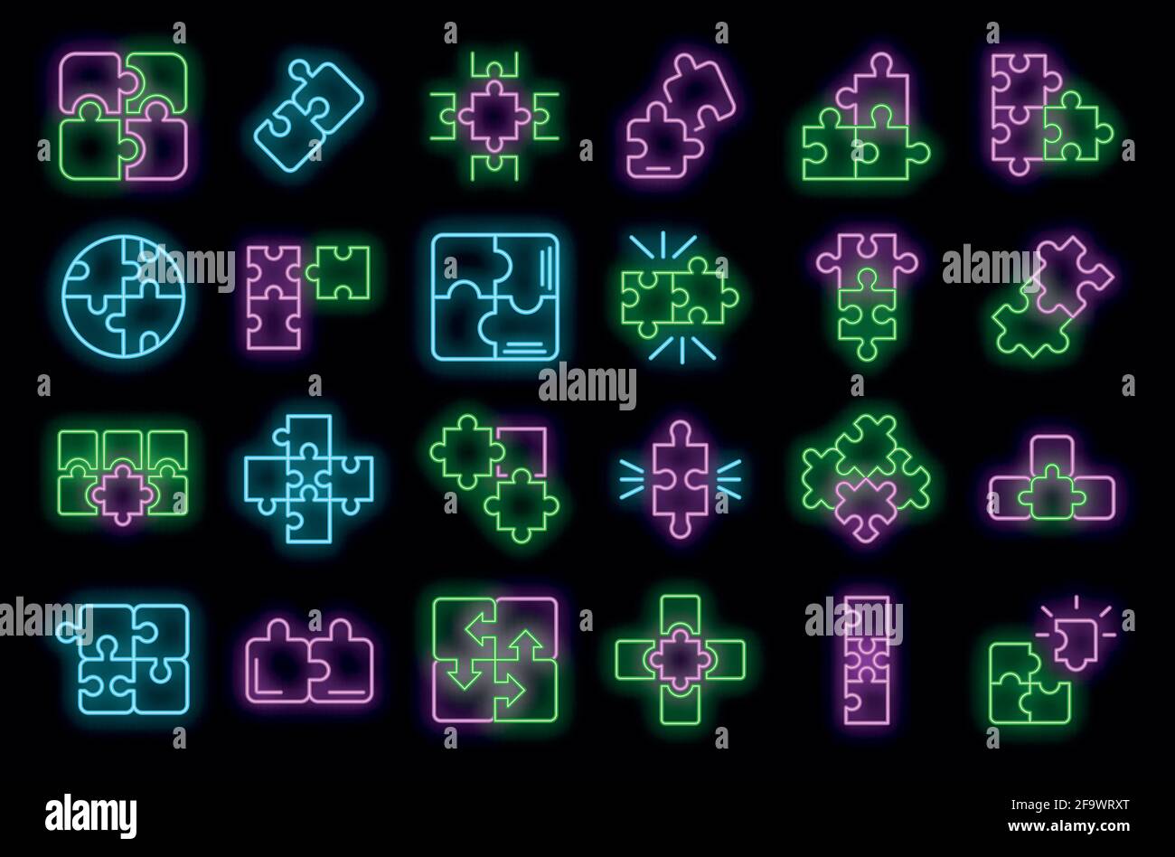 Jigsaw icons set. Outline set of jigsaw vector icons neon color on ...