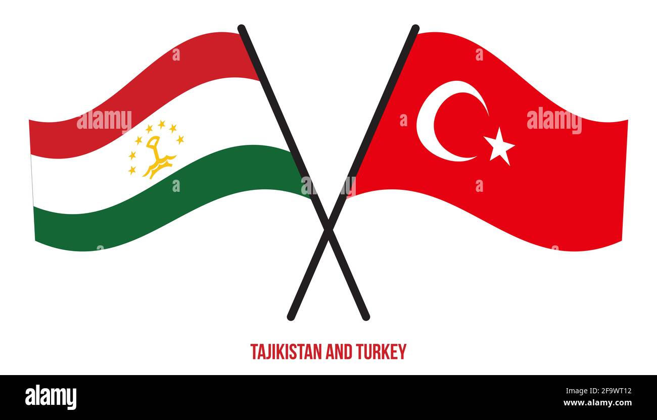 Tajikistan and Turkey Flags Crossed And Waving Flat Style. Official Proportion. Correct Colors. Stock Photo
