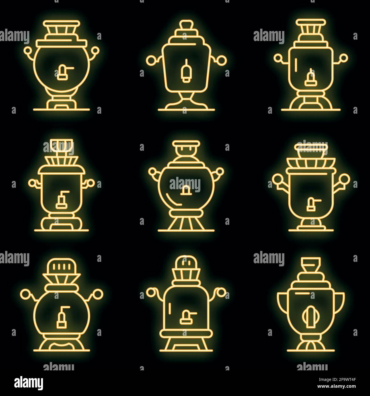 Samovar icons set. Outline set of samovar vector icons neon color on ...