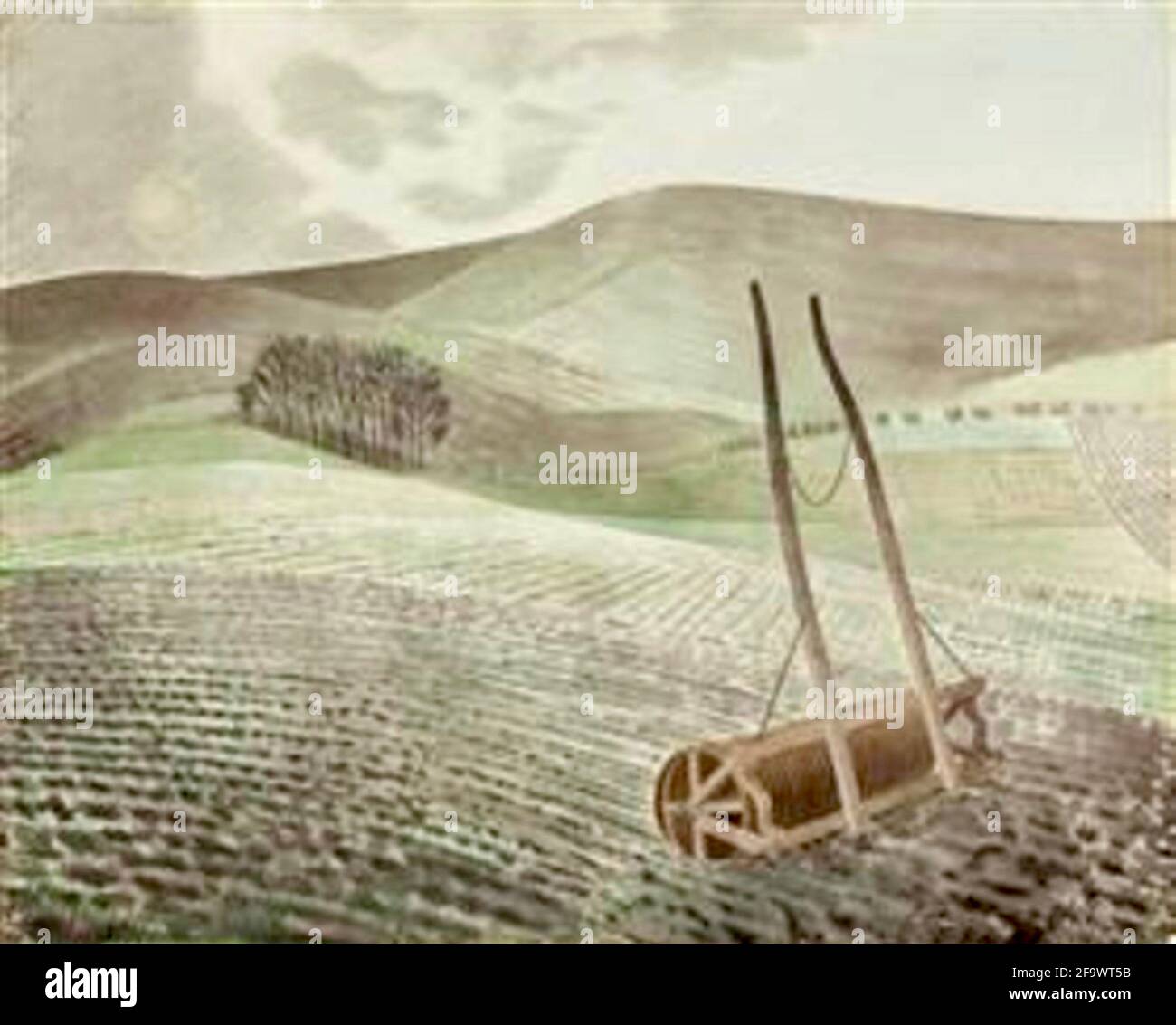 Eric Ravilious artwork entitled Downs in Winter. South Downs with agricultural roller in the foreground. Stock Photo