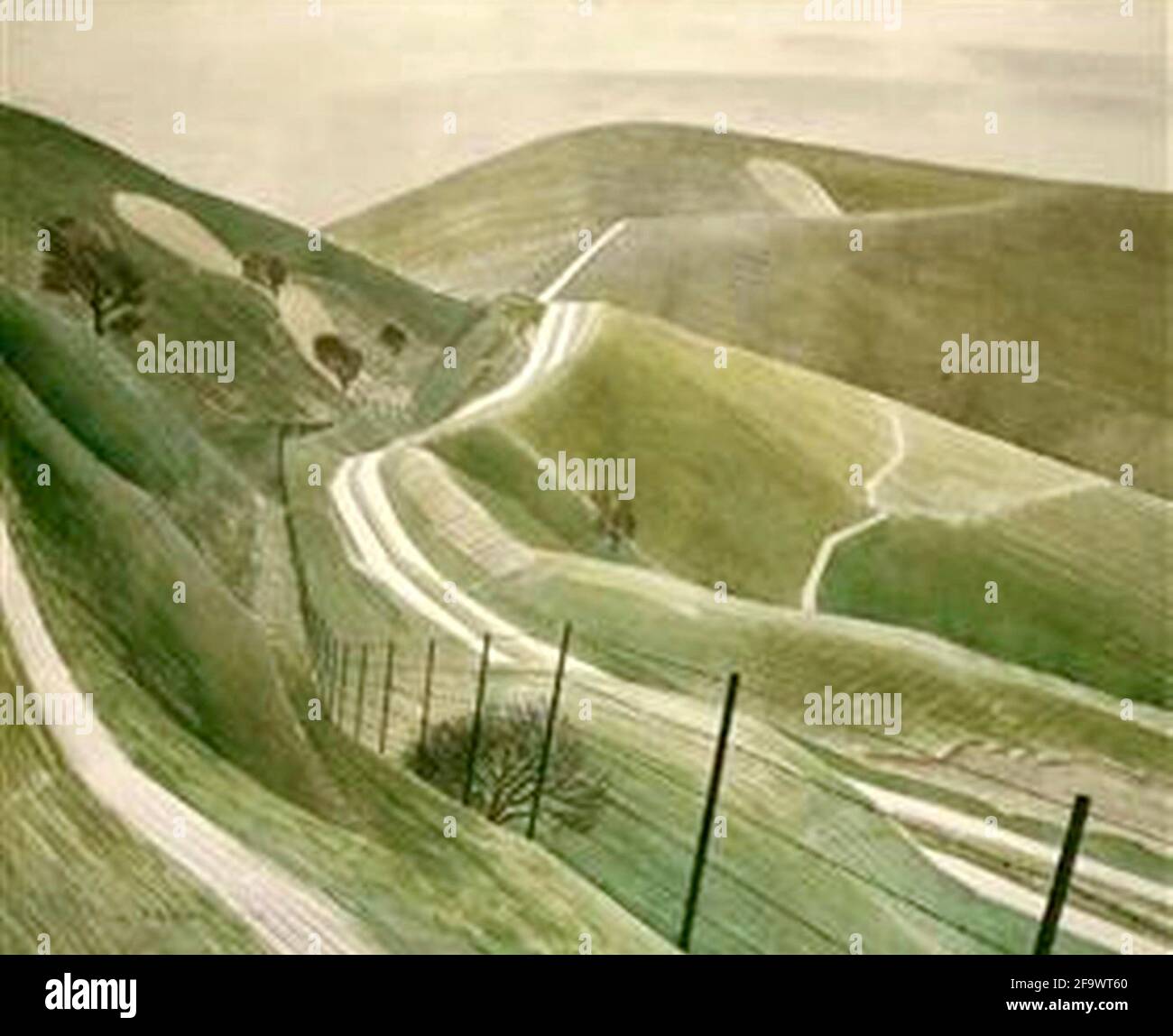 Eric Ravilious artwork entitled Chalk Paths. Typical South Downs scene with ancient pathways crossing the landscape. Stock Photo