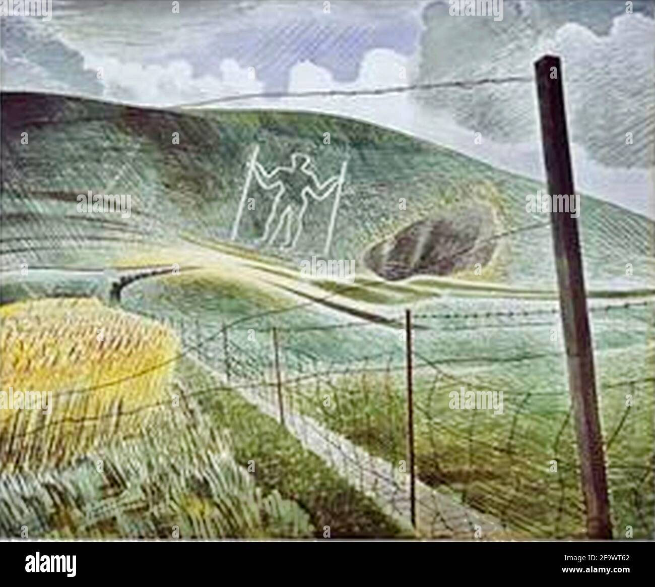 Eric Ravilious artwork entitled The Wilmington Giant. The chalk figure of the Long Man of Wilmington looms over the landscape. Stock Photo