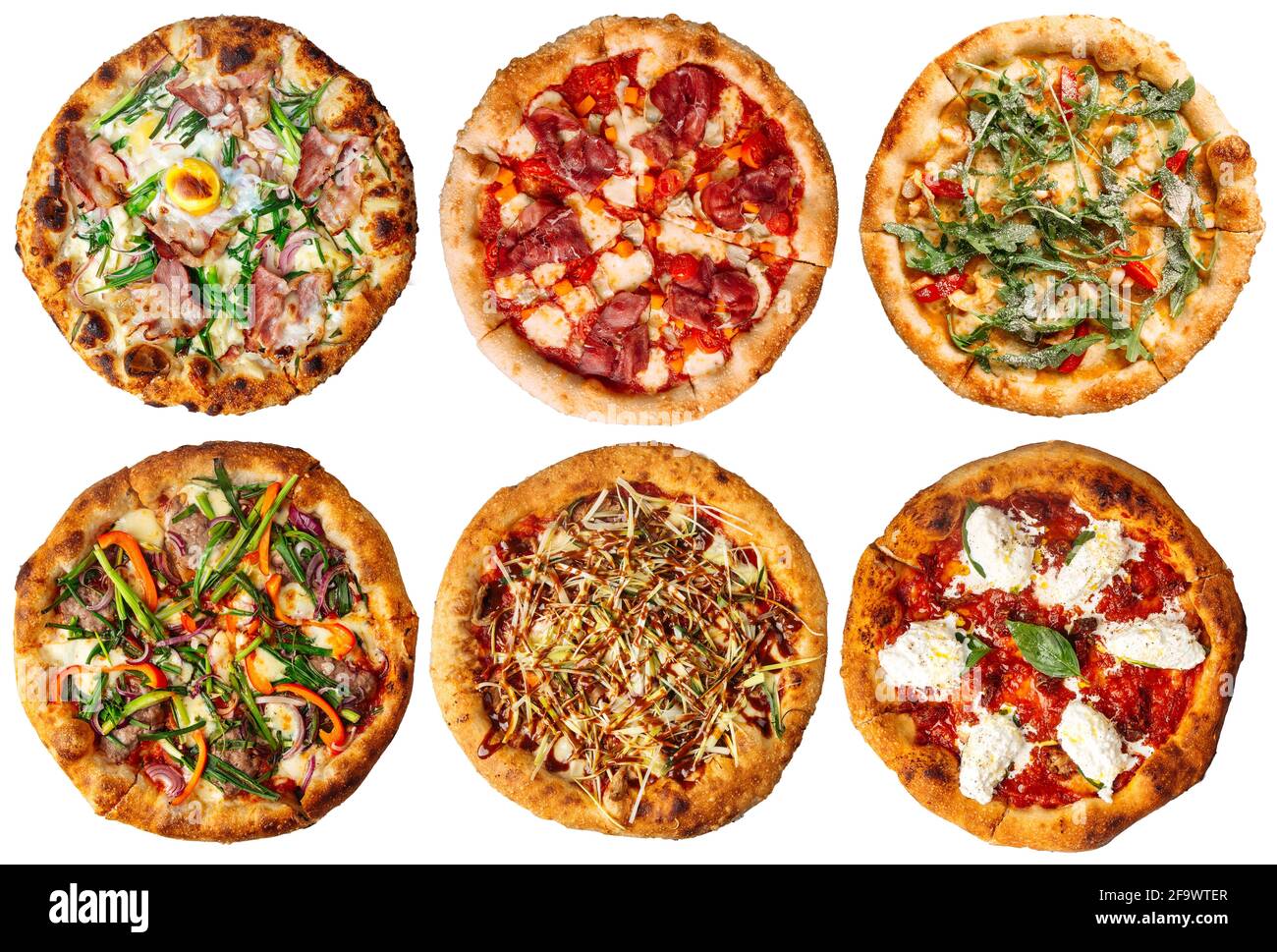 Isolated assorted fresh baked pizza menu collage Stock Photo Alamy