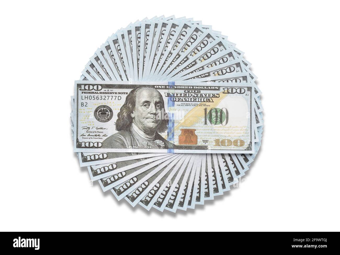100 dollar bills stacked in a circle isolated on white Stock Photo