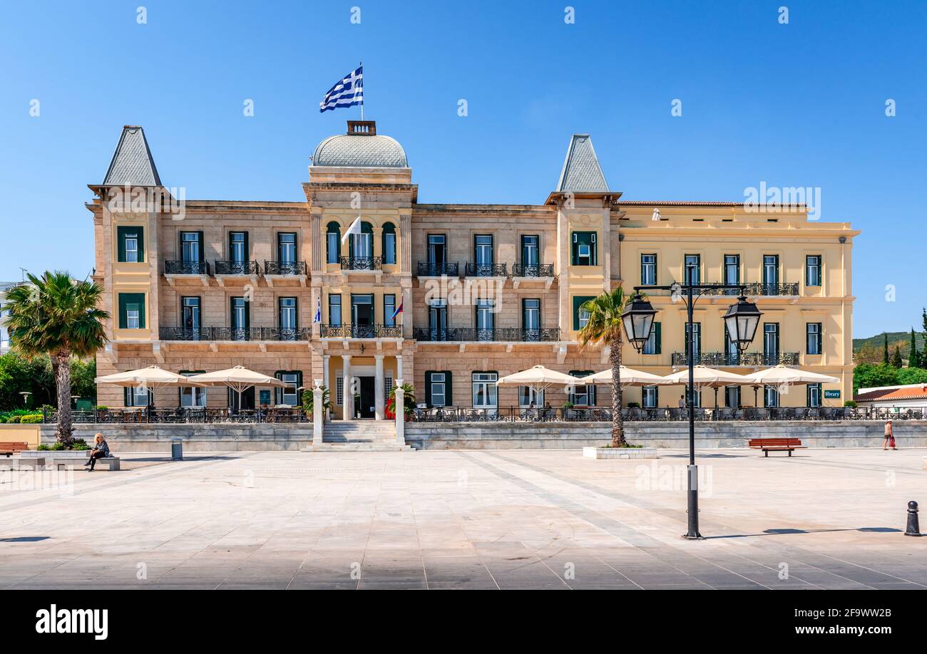 The Poseidonion Grand Hotel. Its one of the most luxurious hotels in southeastern Europe, and a landmark on the Spetses skyline. Stock Photo