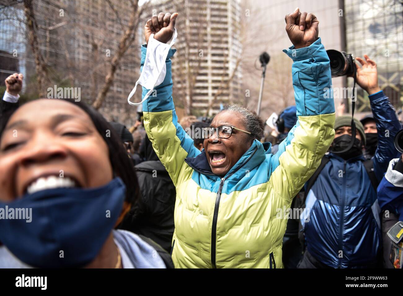 Minneapolis, Minnesota, USA. 20th Apr, 2021. People react to the guilty verdict of the Derek Chauvin trial at the Hennepin County Government Center. Derek Chauvin was found guilty on all three charges in his killing of George Floyd in 2020. Credit: Stephanie Keith/ZUMA Wire/Alamy Live News Stock Photo