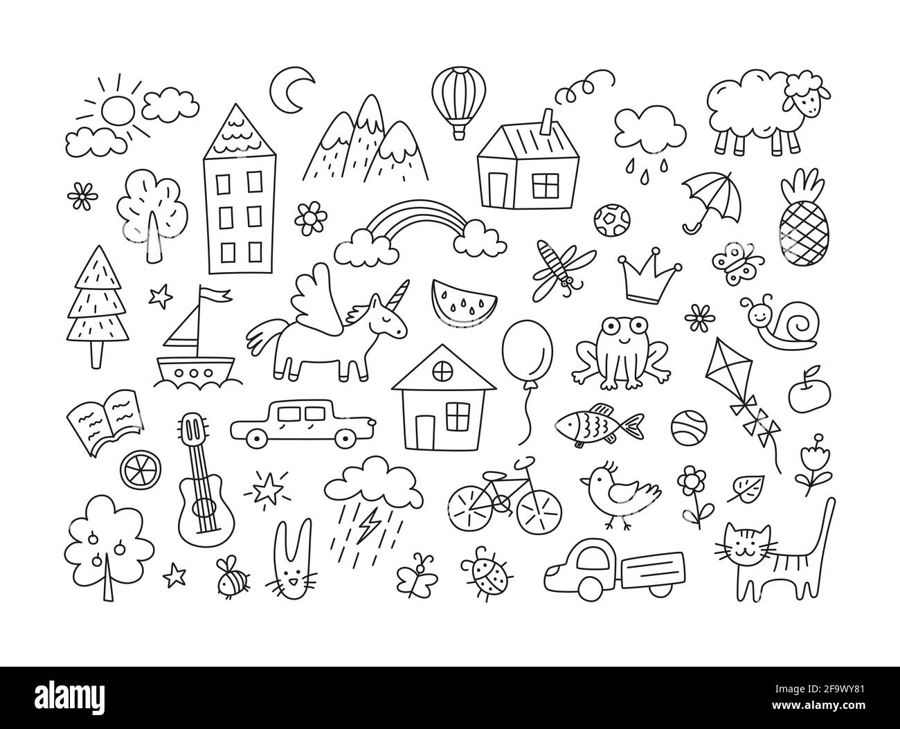 A set of children drawings. Kid doodle. Sun in the clouds, summer flowers, painted houses, cute cat and other black and white elements. Vector Stock Vector
