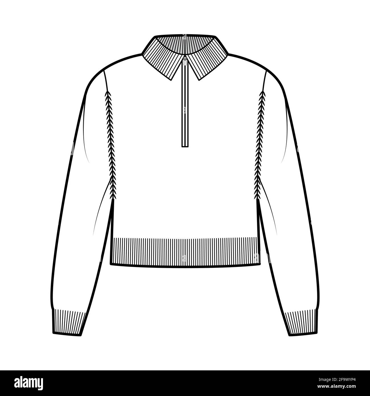 Cropped Zipup Sweater technical fashion illustration with rib henley