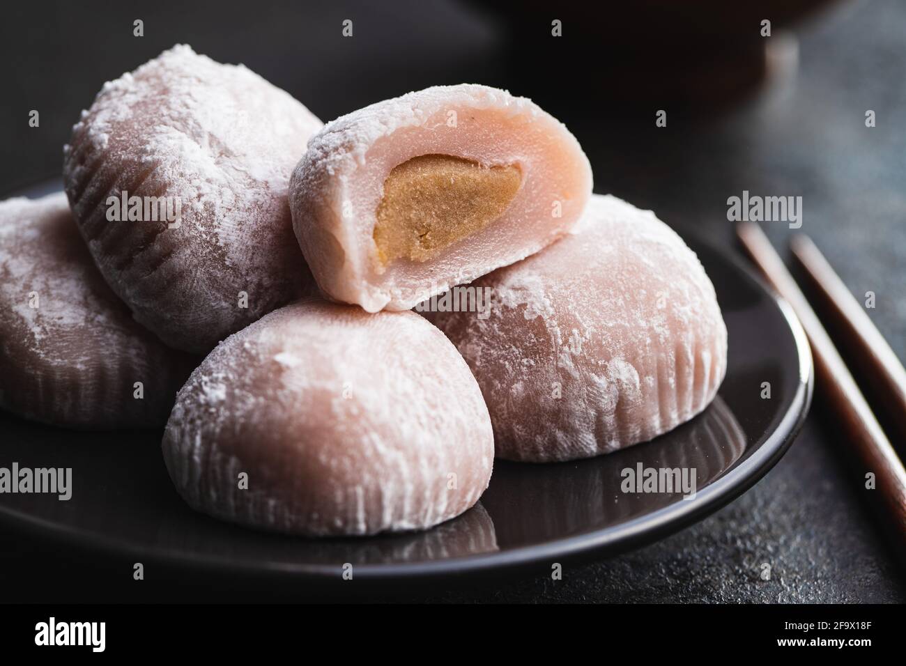 Sweet japanese mochi dessert on plate. Stock Photo