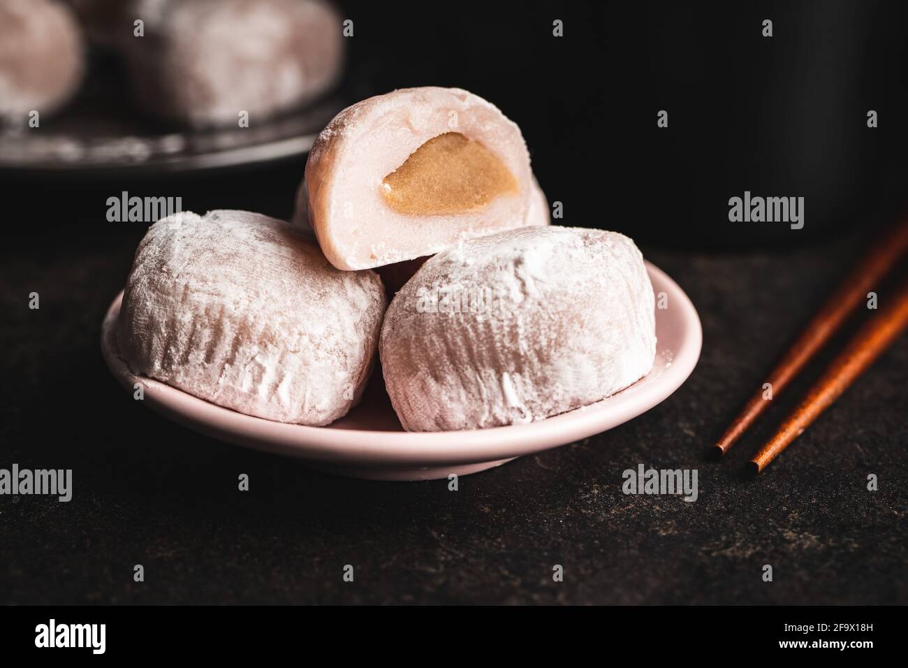 Sweet japanese mochi dessert on plate. Stock Photo