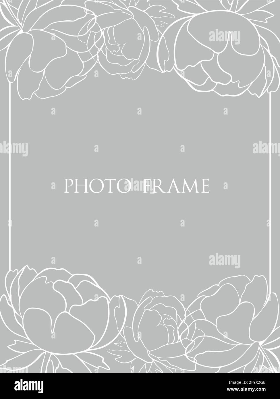 Laconic gray frame with silhouettes of flowers. White peonies, simple lines. Vector, rectangular frame Stock Vector