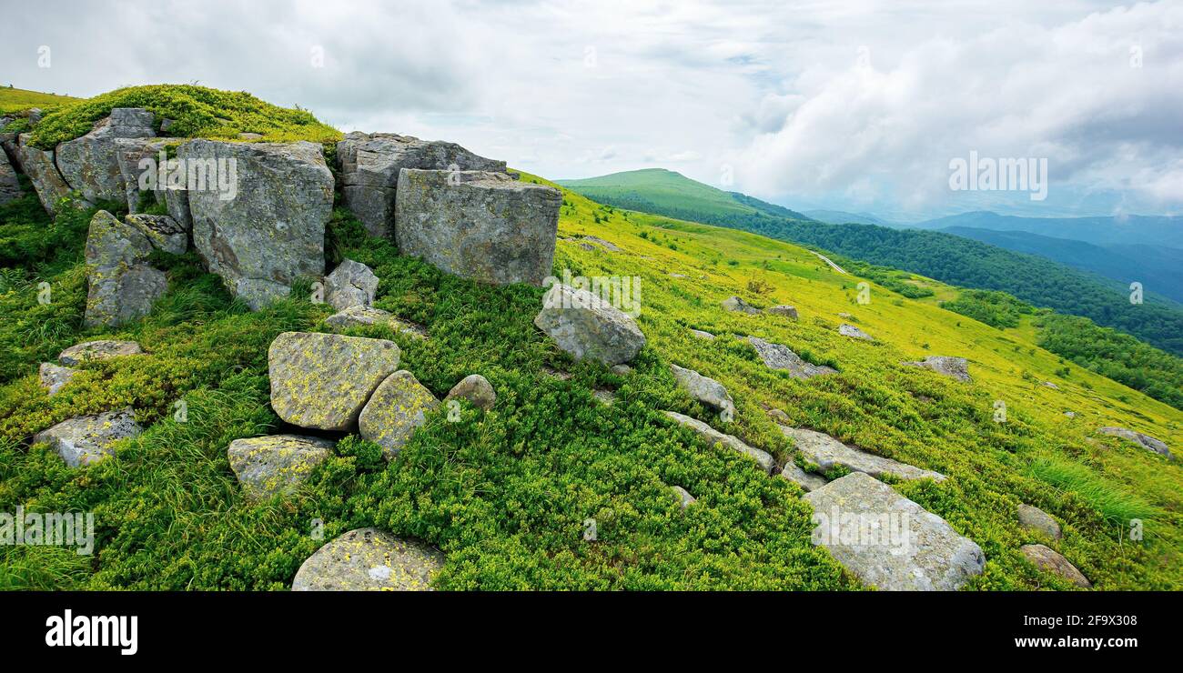 alpine mountain scenery in summer. cloudy weather. stones and boulders on grassy hills and meadows. beautiful view in to the distance Stock Photo