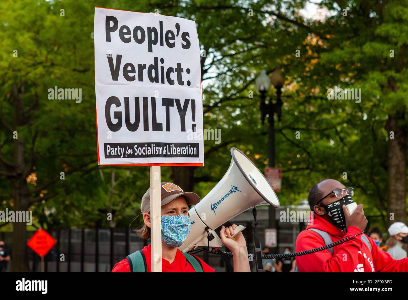 Washington, DC, USA, 20 April, 2021.  Pictured: Members of the Party for Socialism and Liberation in Black Lives Matter Plaza to celebrate the conviction of former police officer Derek Chauvin for the murder of George Floyd.  Credit: Allison C Bailey/Alamy Live News Stock Photo