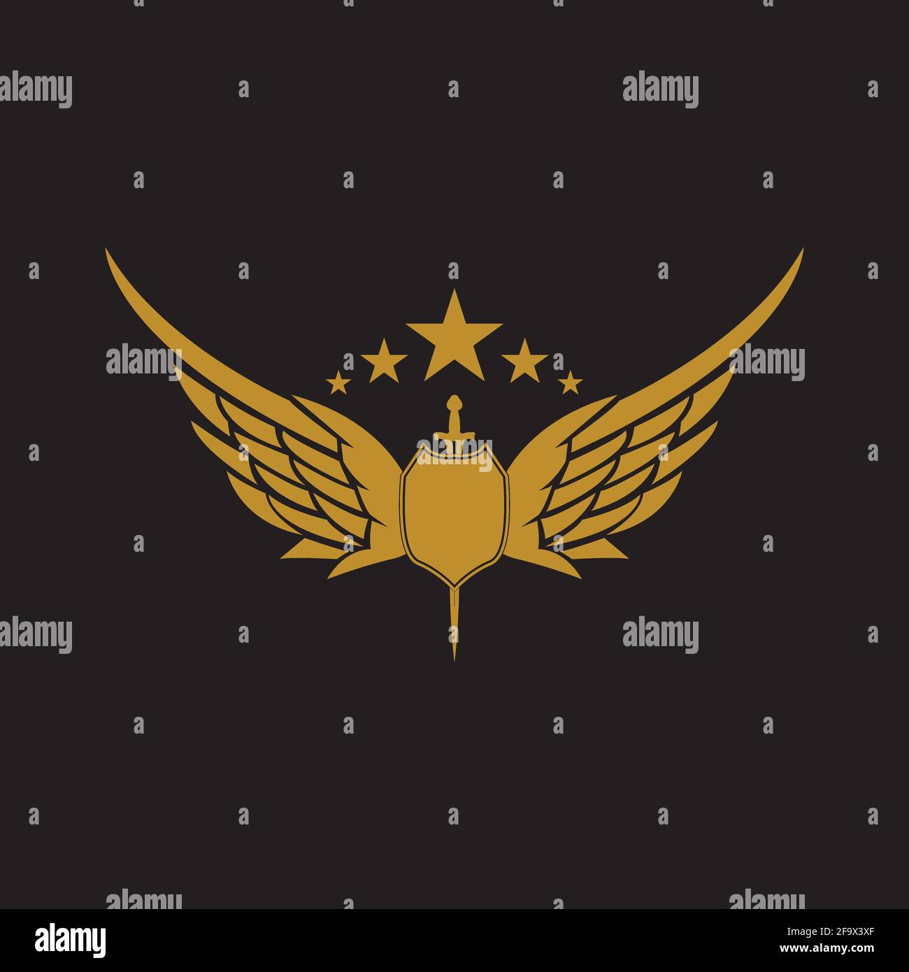 Gold winged sword with shield vector icon. Stock Vector
