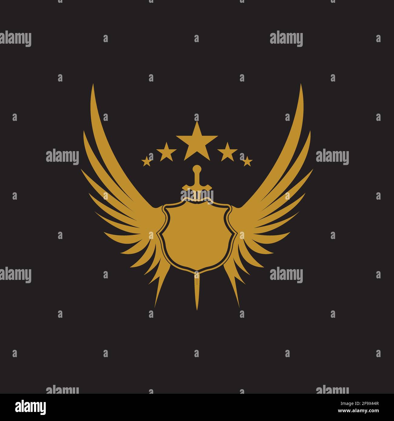 Gold winged sword with shield vector icon. Stock Vector