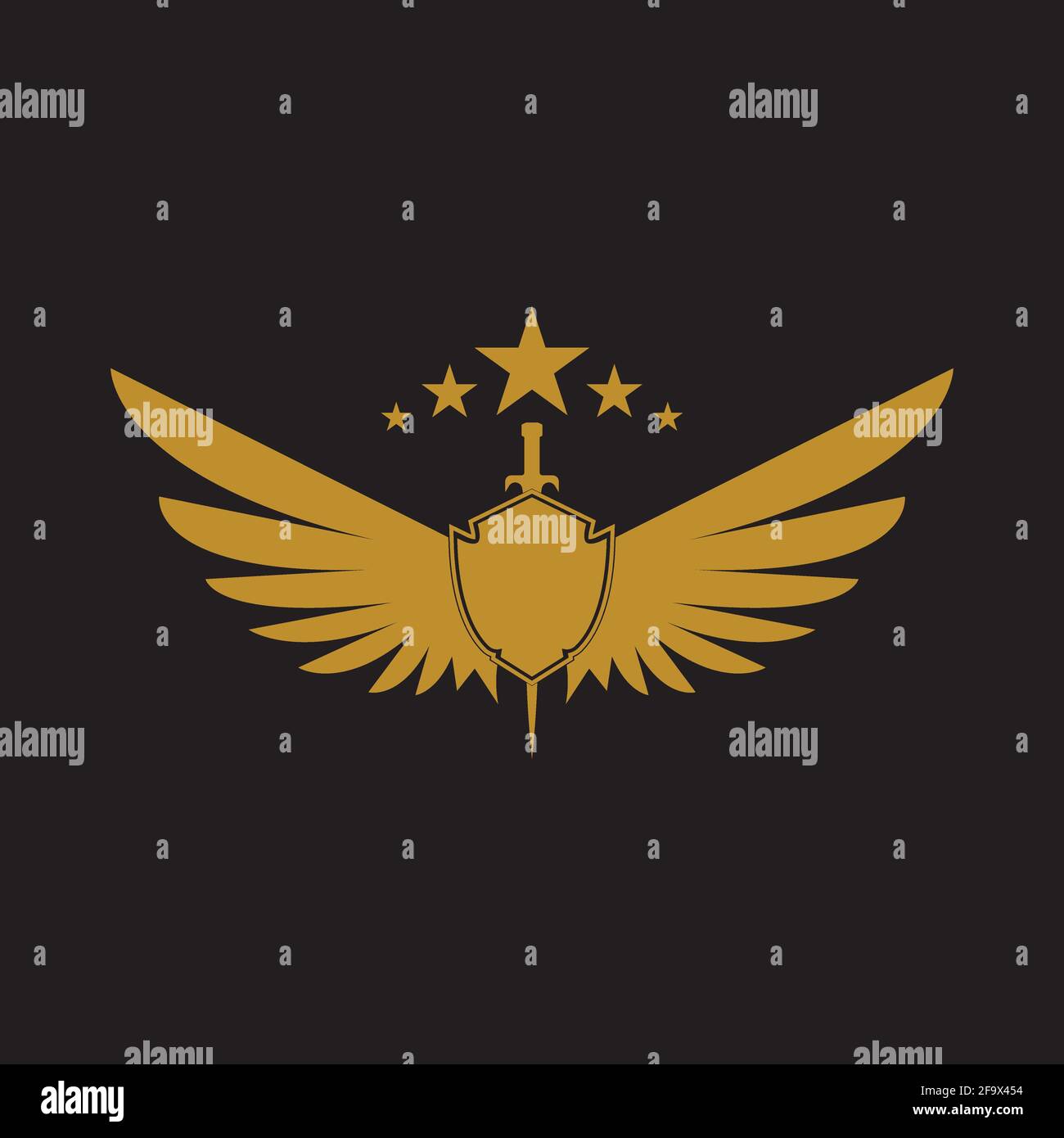 Gold winged sword with shield vector icon. Stock Vector