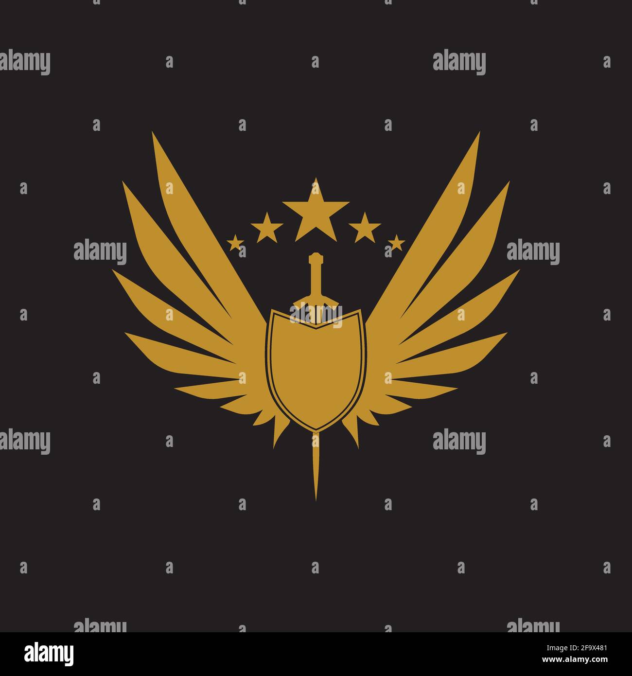 Gold winged sword with shield vector icon. Stock Vector