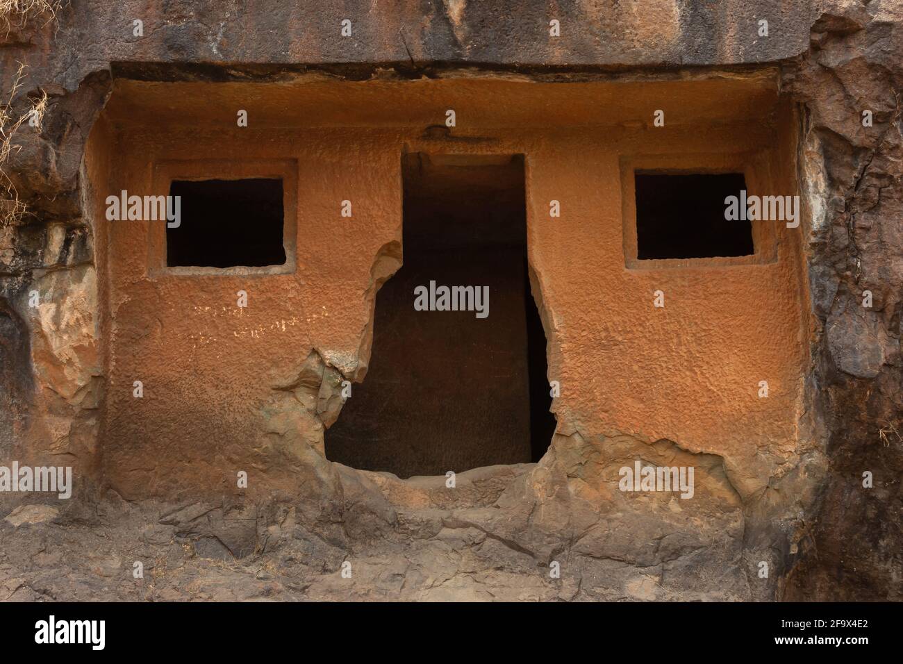 Façade of Cave No 26, Gandharpale Buddhist caves. Group of 30 Buddhist caves, 105 km south of Mumbai, near Mahad, Maharashtra, India Stock Photo
