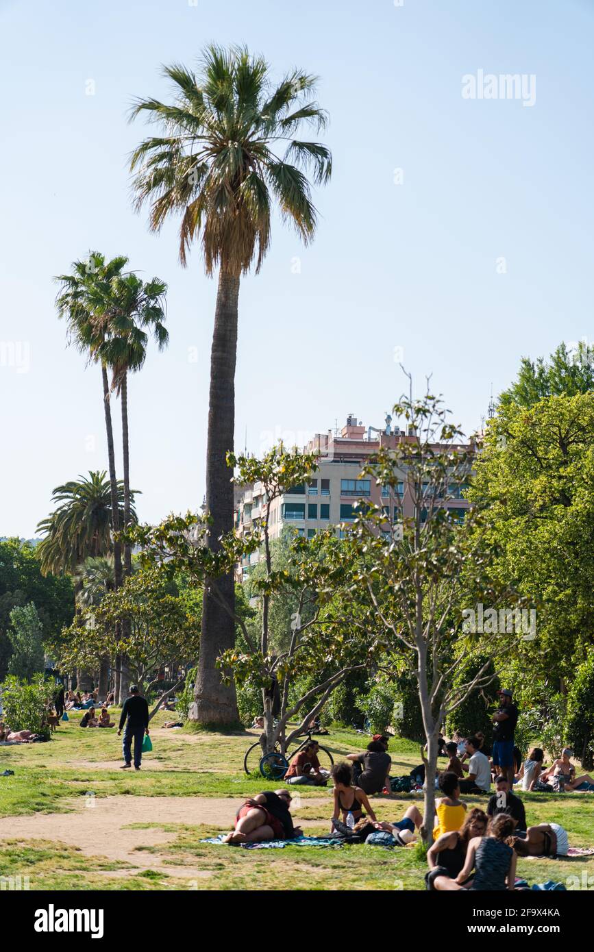BARCELONA, SPAIN JUNE 08, 2019 People Having Picnic And Relaxing On