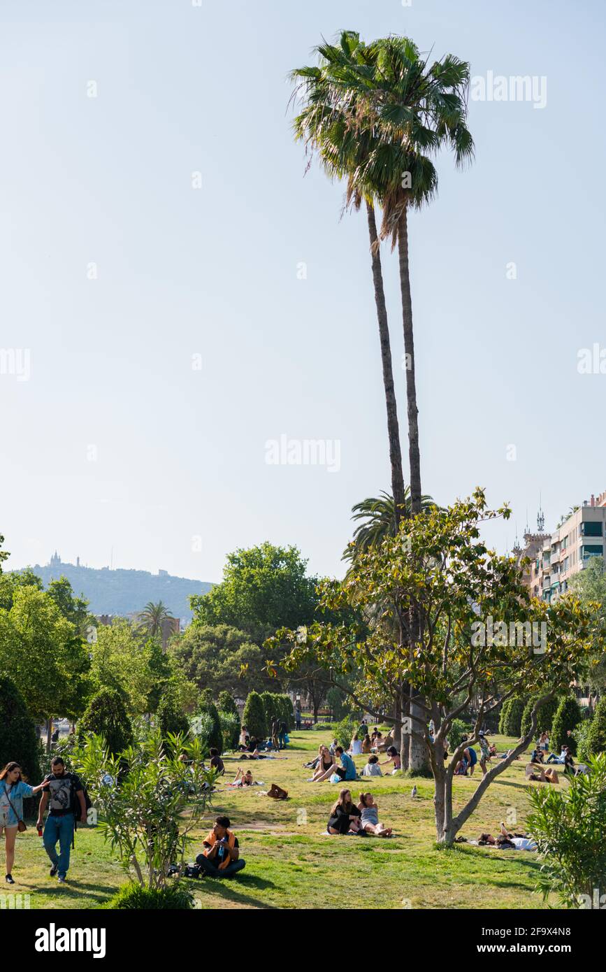 BARCELONA, SPAIN JUNE 08, 2019 People Having Picnic And Relaxing On
