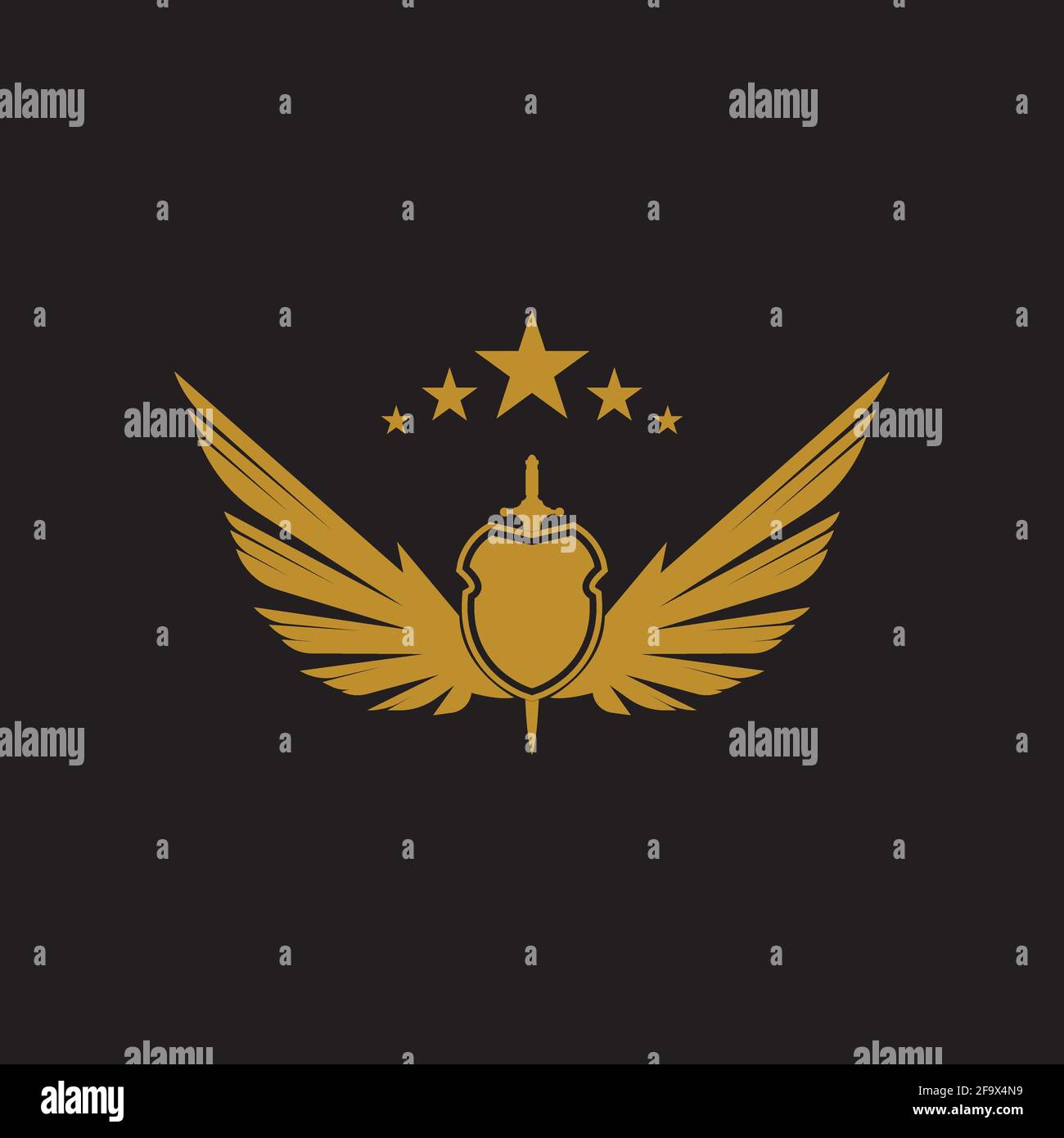 Gold winged sword with shield vector icon. Stock Vector