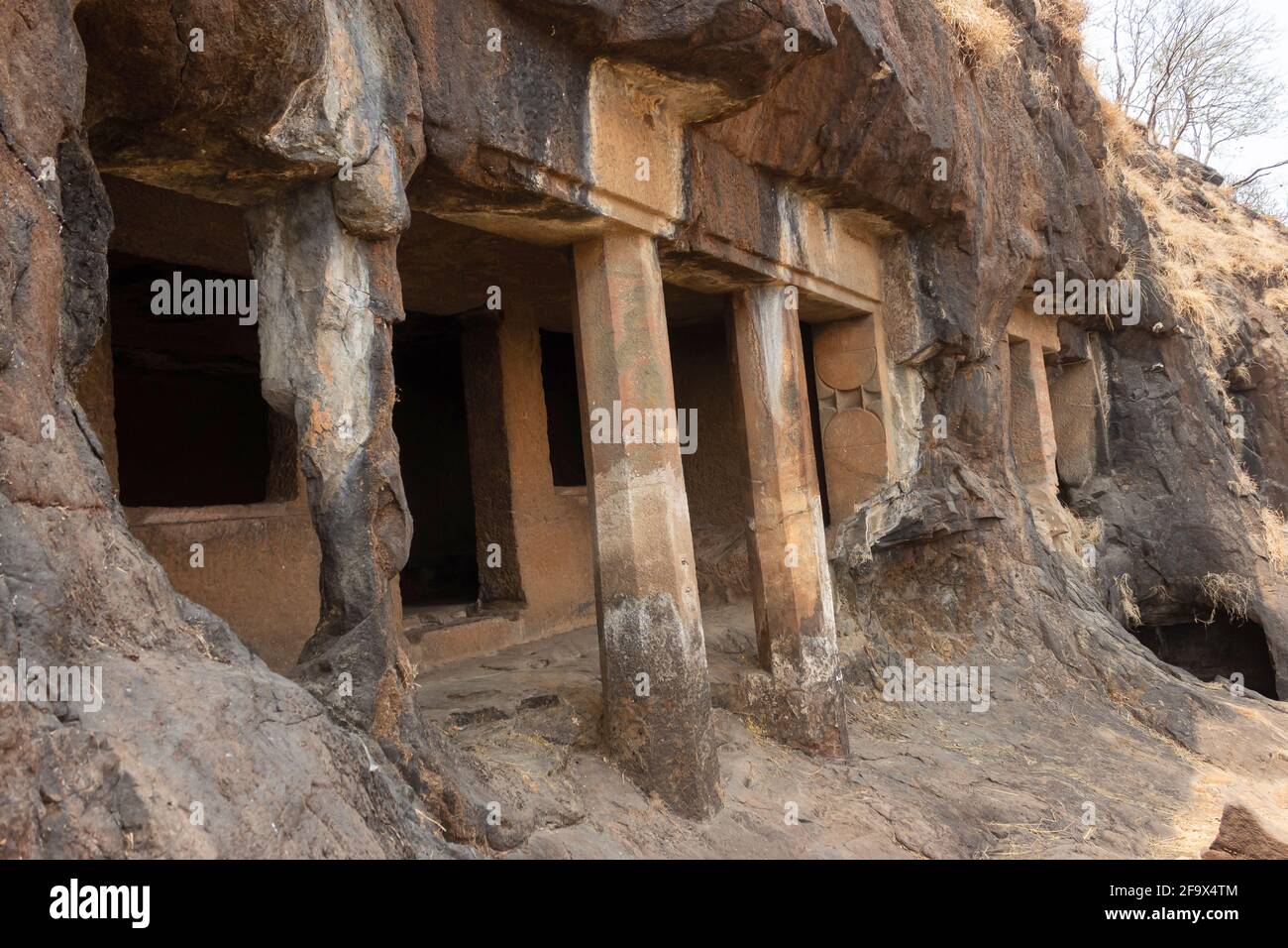Façade of Cave No 16, Gandharpale Buddhist caves. Group of 30 Buddhist caves, 105 km south of Mumbai, near Mahad, Maharashtra, India Stock Photo